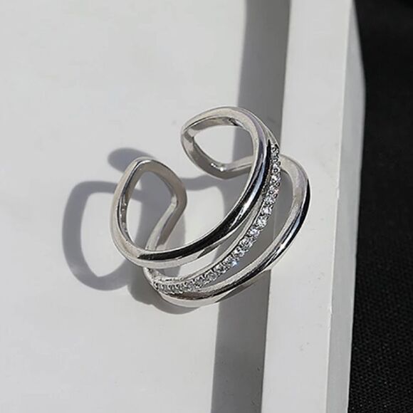 Triple Bling Ring adjustable in  925 silver & cubic zirconia - Picture 1 of 5